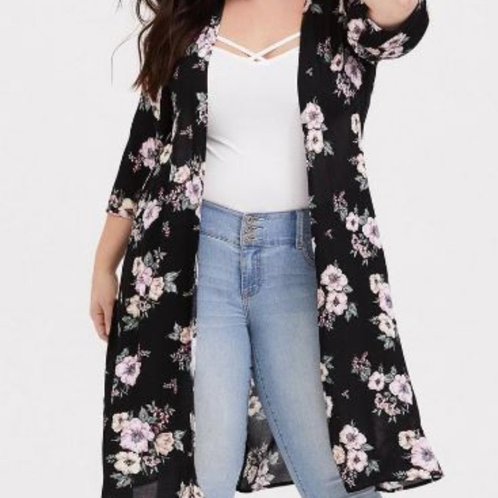 Torrid Black Floral Midi Crepe Kimono